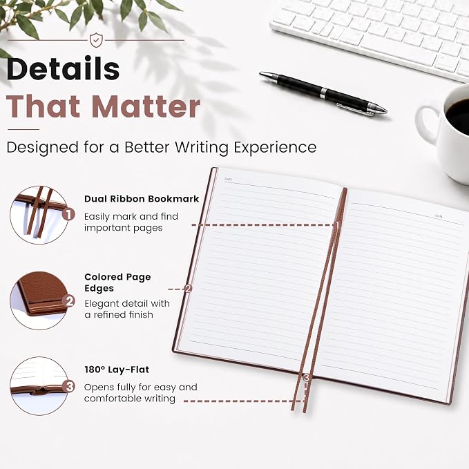 CAGIE Lined Journal Notebook for Men & Women,176 Pages A5 Medium Size, Softcover Leather Journals for Writing, College Ruled Notebook for Work & School, 100 GSM Thick Paper (5.7'' x 8.3'') (Brown)