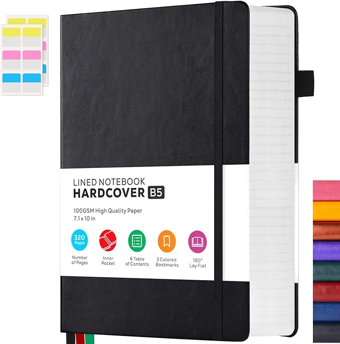 FOCUS DAY Journal Notebooks College Ruled, Thick Notebook Journal with 100GSM Paper, B5 Large Lined Notebook Journal for Women & Men, 7.1'' X 10'', 320 Pages, Black Leather Notebook