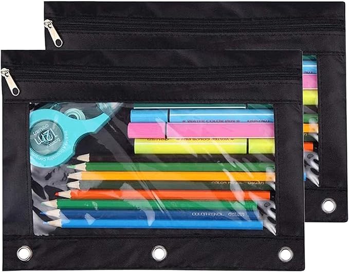 Pencil Pouch 3 Ring, Zipper Pencil Pouches Case Binder Cosmetic Bag Black 2 Pack