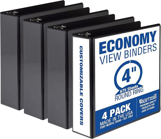 Samsill 4 Inch 3 Ring Binders, Economy Round Ring, Clear View Cover, 675 Sheet Capacity - for School, Home, Office - Black, 4 Pack