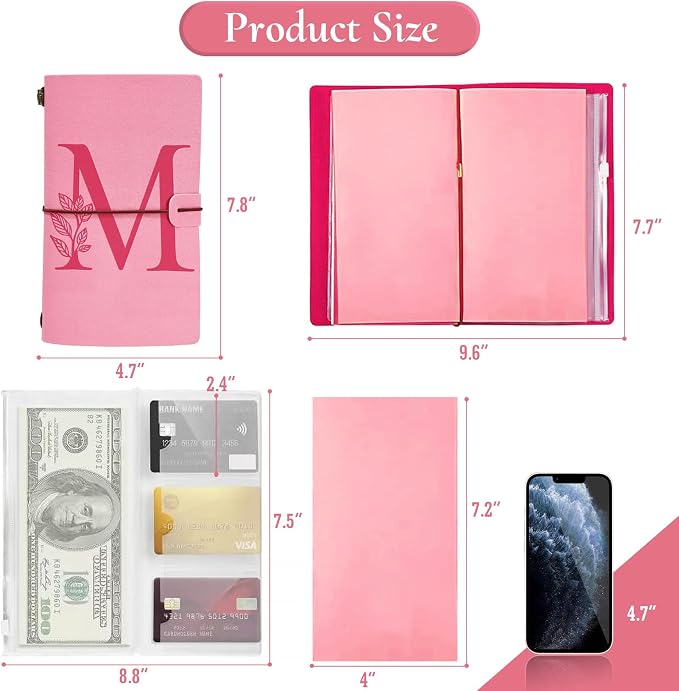 Personalized Journal Gift-Pink Initial Leather Journal+Heart Diamond Pen Set,Travel Notebook Diary Gifts,Refillable Notepads,Christmas,Birthday Gifts for Women Girls (7.9"x4.7") (M)