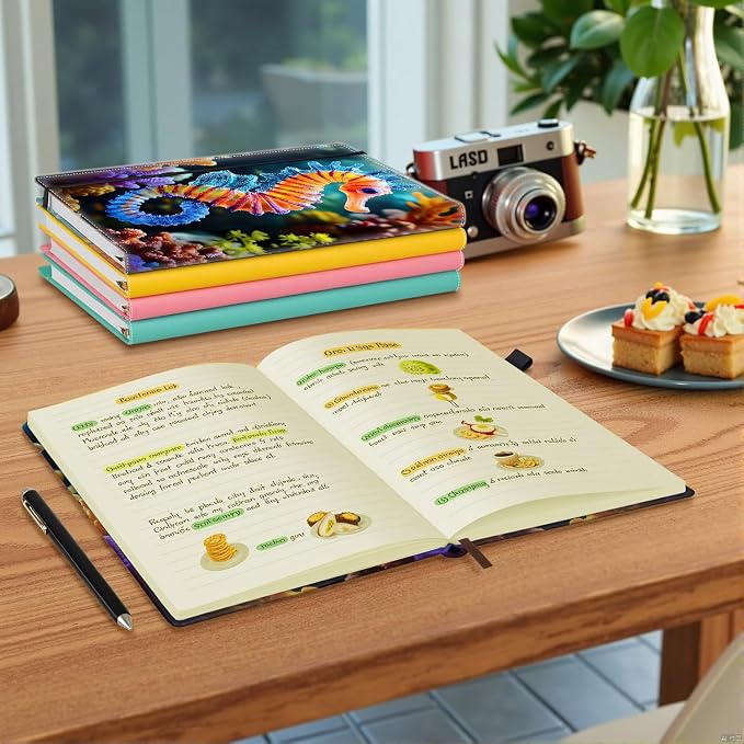 Hardcover Executive Notebooks, A5 PU Leather Lined Journal Notebook, 200 Pages Thick Paper Subject Notebooks for School,Work,Home Writing Business Notebook, Diary Book ，Colored Seahorse