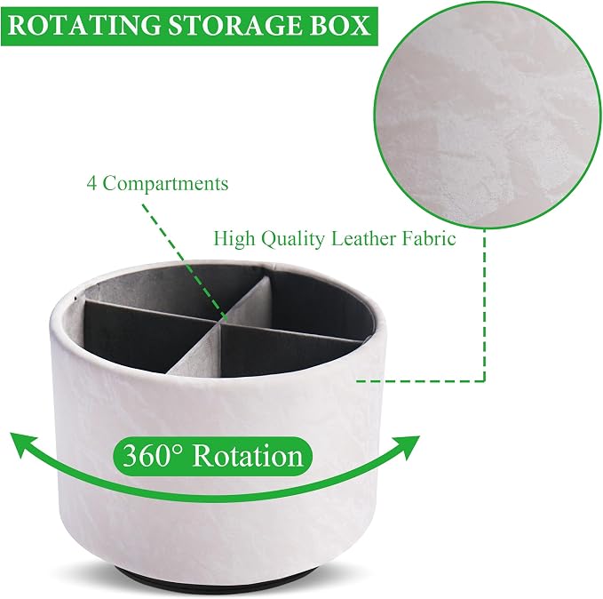 Round Leather Art Supply Organizer,Remote Control Holder,360 Degree Spinning,Multi-Functional Pencil Holder,4 Compartments Desktop Stationary Organizer(1-Hill White)