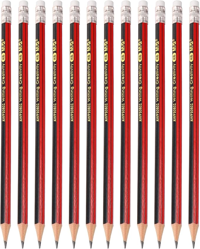 M&G Wooden Hexagonal Pencils, 12 Pcs HB Graphite Round Pencils with Eraser for Classroom & Office, Red & Black
