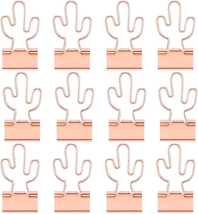 Cactus Binder Clips with Cute Rose Gold Medium Binder Clips in Acrylic Crystal Box for Office School and Home Supplies