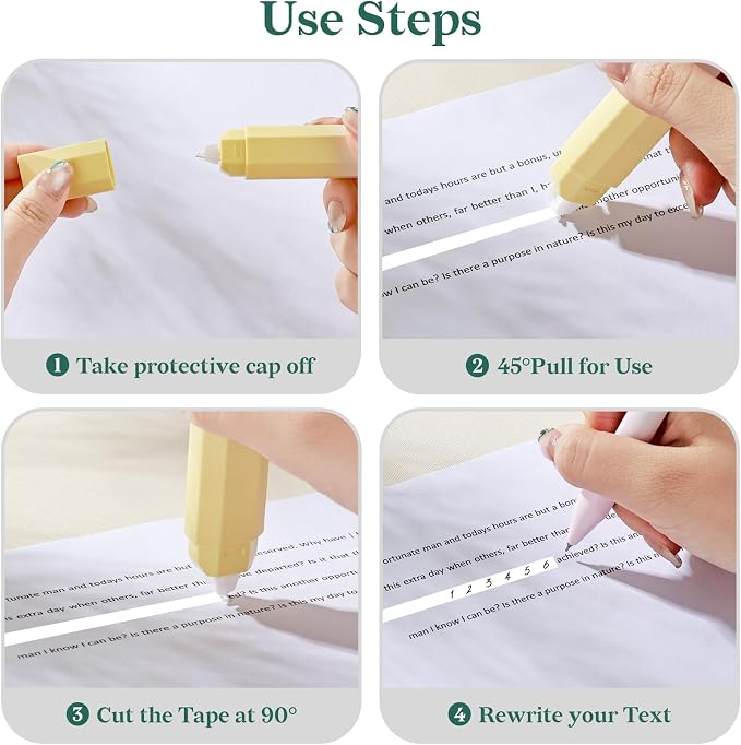 Temiary 5 Pcs White Correction Tapes, Aesthetic White Smooth Pull Out Tape Pens for Instant Corrections, Easy to Use Tear-Resistant Pen Shaped Applicator for Office School Supplies (Gradient Green)