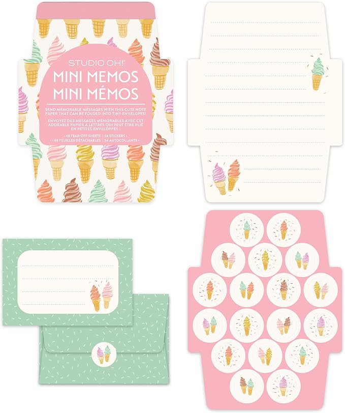 Studio Oh! Blank Mini Note Cards with Sticker Seals, 48 Tear-Off Foldable Memos, Tiny Envelope Notes, 6 Designs, 54 Stickers for All Occasion, Thanks, Party Invitations, Cool and Creamy