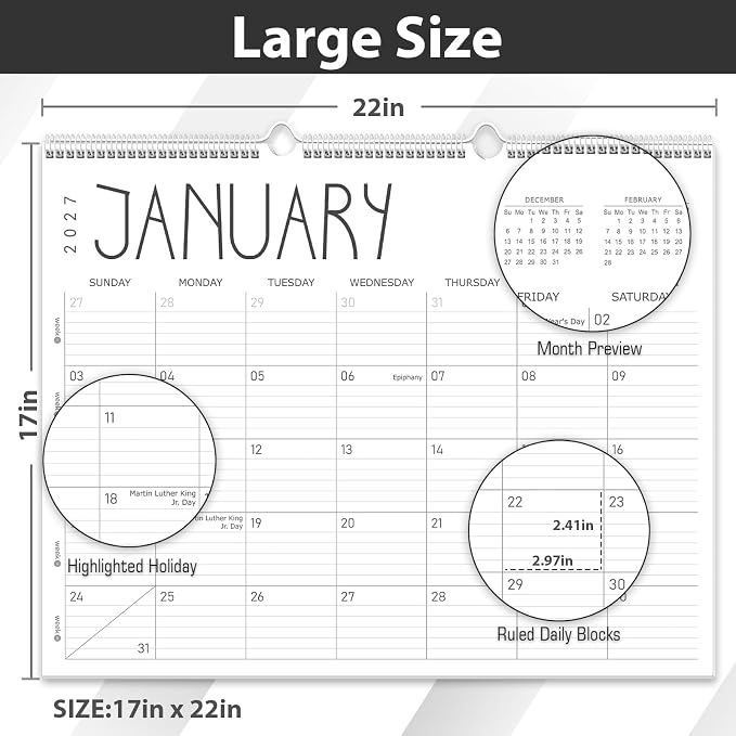 GuassLee Large Wall Calendar 2026-2028, 24-Month 22" x 17" Wall Calendar from Jun. 2026 to May. 2028, Large Desktop Hanging Monthly Planner with Thick Paper, Ruled Blocks for Home School Office