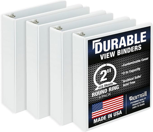 Samsill 4 Pack Durable 2 Inch 3 Ring Binders, Round Ring, Clear View Cover for Presentations, White