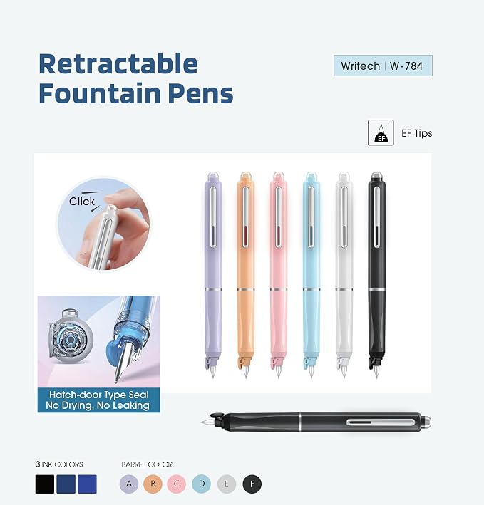WRITECH Retractable Fountain Pen | Fine Nib | Blue Ink Cartridges Included (Purple)