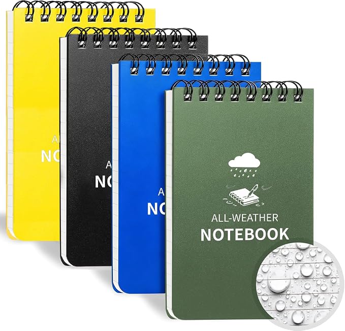 Waterproof Notebook, 4 Pack Pocket Notepad, 3" x 5" Top-Spiral Weatherproof NotePad, All Weather Police Pocket Notebook Mini Memo Steno Note Pads for Outdoor Office School Recording, Multicolor