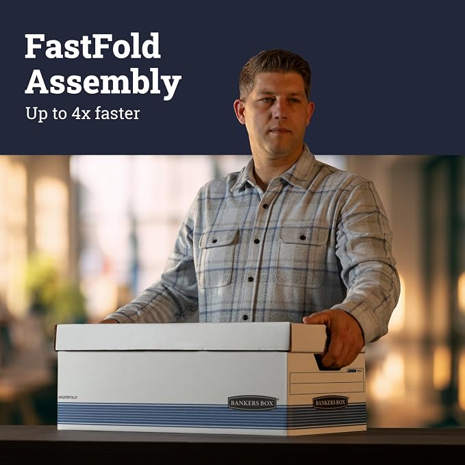 Bankers Box 12-Pack Medium-Duty File Storage Boxes, 24in Letter, FastFold | Speed through filing with FastFold setup, sturdy stacking, reinforced handles, and dependable document protection.