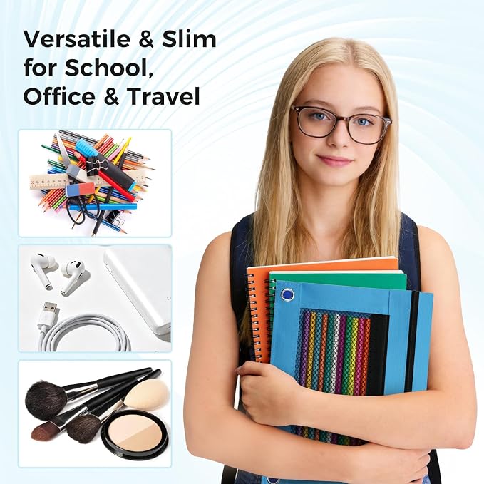 Pencil Pouch for 3 Ring Binder, Pencil Case Bag with Zipper, 600D Fabric Pencil Pouch Holder Accessories, Clear Window Pencil Case Aesthetic Back to School Organizer Pockets for Boy Girl (Sky Blue)
