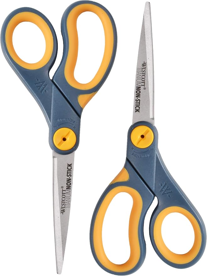 Westcott 8-Inch Non-Stick Titanium Scissors For Office and Home - Glide Adjust Technology - Grey/Yellow Craft, Fabric Scissors - 2 Pack