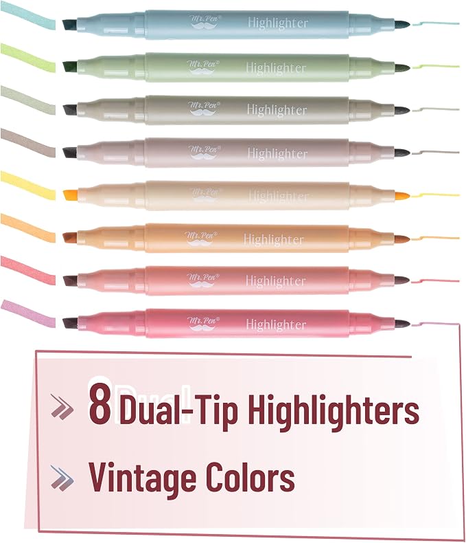 Mr. Pen- Dual Tip Highlighters, 8 Pack, Fine & Chisel | Cute Highlighters Assorted Colors, Dual Tip Markers