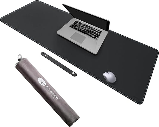 CENNBIE Leather Desk Mat - 43.6" x 16" Oversized Mouse Pad, Black | Premium stitched edges resist wear. Easy to clean. Protects desk from spills, stains ,scratches. Smooth glide. Office & home.