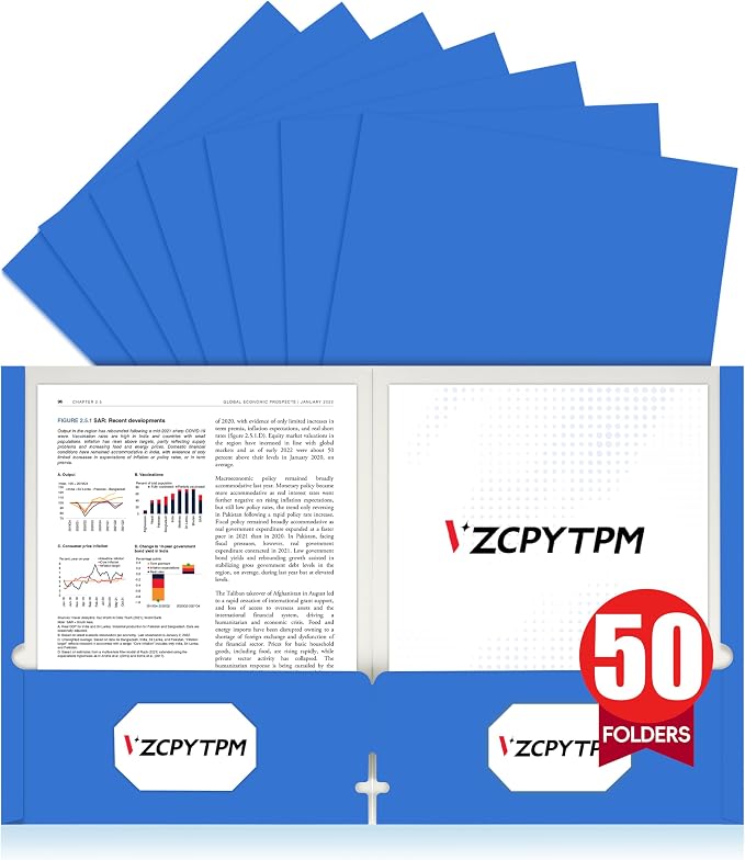 VZCPYTPM 50 Pack Royal Blue Folders with Pockets,2 Pocket File Folders | Fit Letter Size (8.5 x 11 Inch),Professional Design with Business Card Slot for Office and School Organization