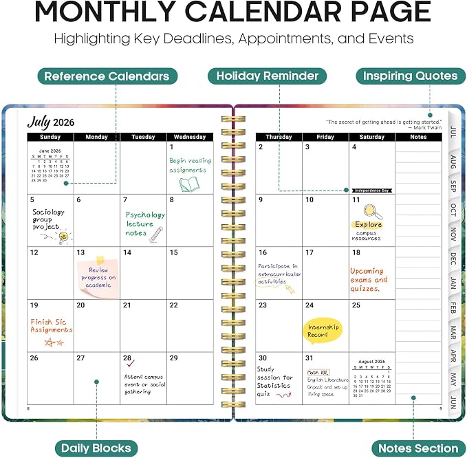 Planner 2026-2027, Academic Year Monthly and Weekly Calendar Planner, Jul 2026 - Jun 2027, Hardcover Teacher Student Planning Agenda book with Tabs, Perfect for School Office Supplies, 6.3" x 8.5" - Mystic Forest