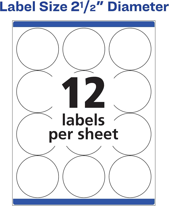 Avery Round Printable Labels, 2.5" Diameter, Matte White, Sure Feed Technology, Laser & Inkjet Compatible, 300 Blank Labels Total, Great for Branding, Packages, School Supplies, and More (5294)