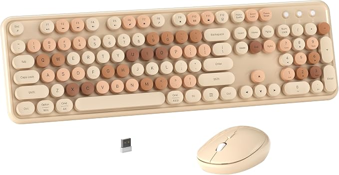 MPTOG Wireless Computer Keyboard and Mouse Combo (Milk-Tea Colorful) | Retro Round Typewriter Keycaps, Power Switch, Ergonomic Design, 2.4GHz Wireless for Windows, Mac, PC
