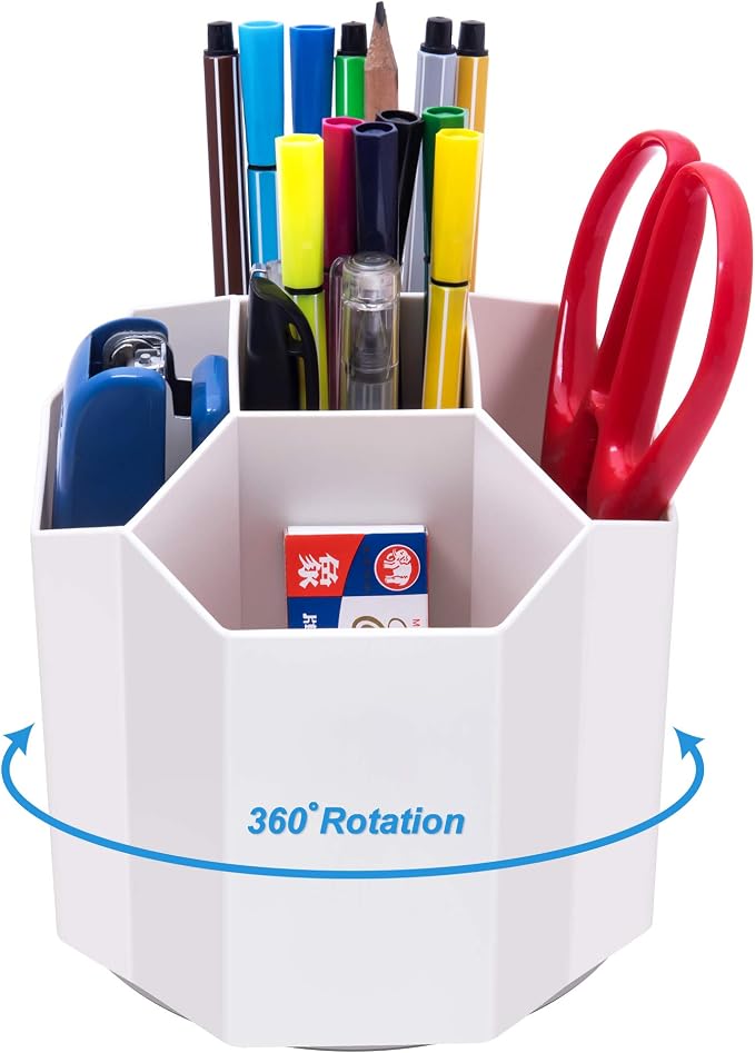 Siveit Desk Pencil Pen Holder, Rotating Pen Organizers 360-Degree 5 Grid Pen Holder for Desktop Storage Stationery Supplies Organizer, Home, Office, School, Kids, White
