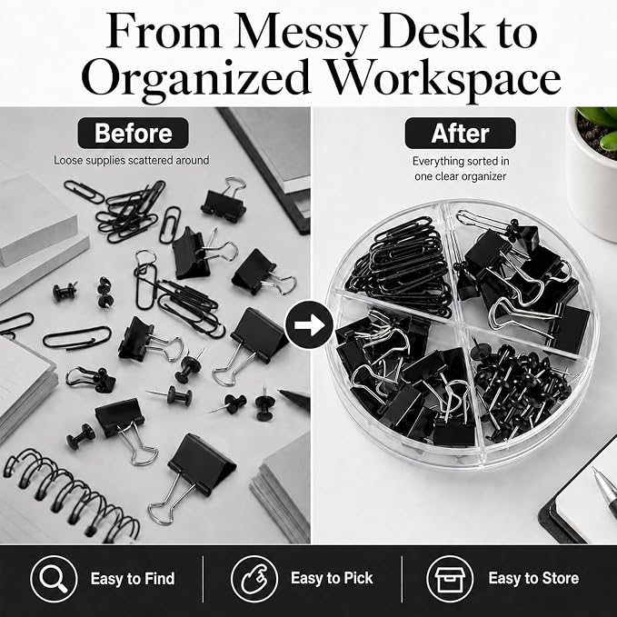 Paper Clips and Binder Clips Set, Metal Assorted Sized Binders with Push Pins, Black Office Supplies for Desk, Durable Desk Accessories