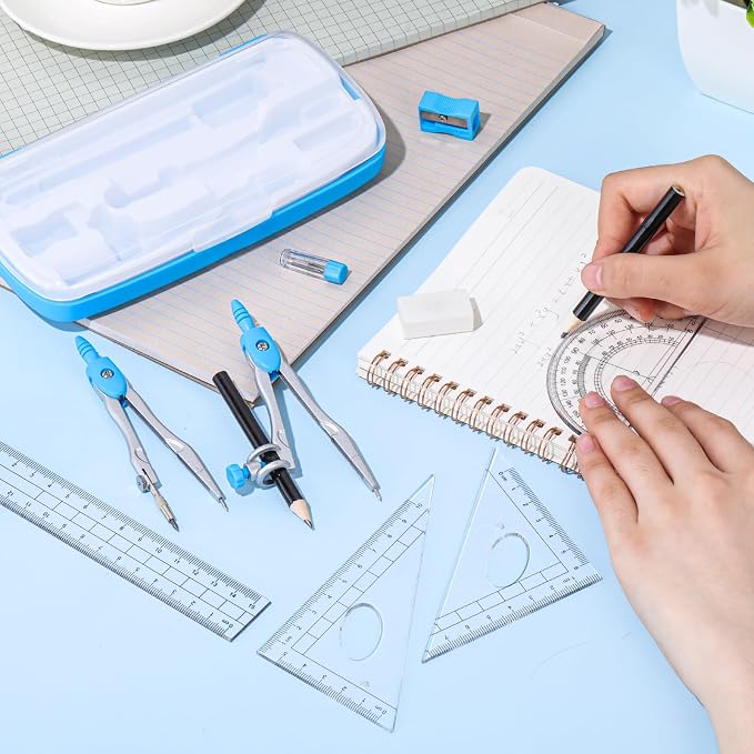 Zonon Math Geometry Set for Students 10 Pcs Compass Geometry Tools Kit Includes Protractor Compass Lead Refills Rulers Pencil Sharpener Eraser Pencil Storage Box for Drafting and Drawings(Blue)