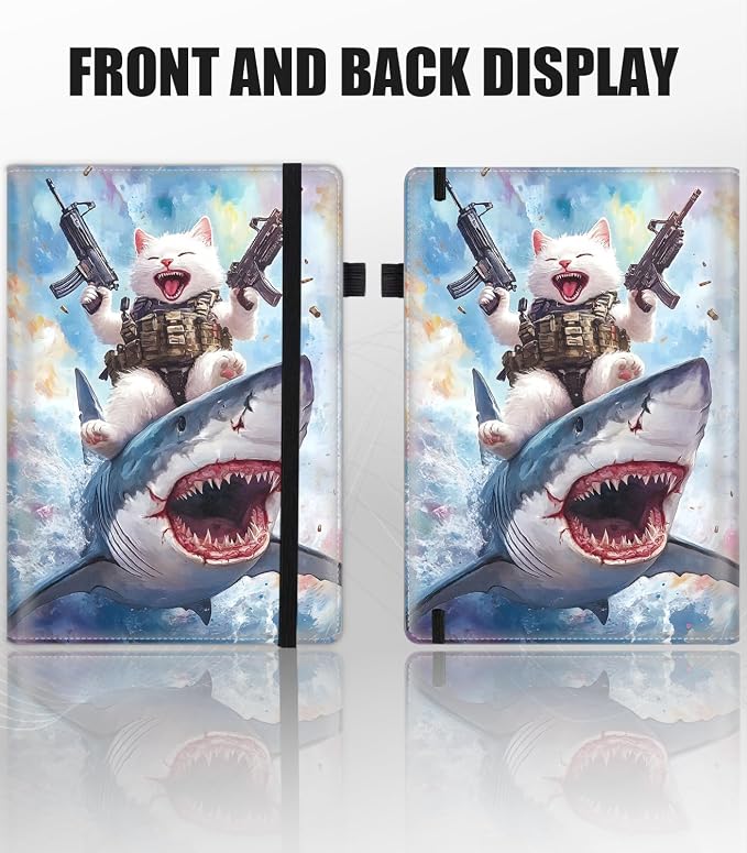 Hardcover Executive Notebooks, A5 PU Leather Lined Journal Notebook, 200 Pages Thick Paper Subject Notebooks for School,Work,Home Writing Business Notebook, Diary Book ，Cat with Guns Riding Shark