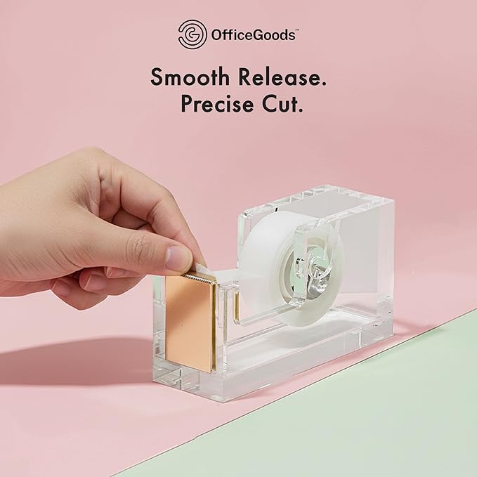 OfficeGoods Acrylic Tape Dispenser – Modern Desk Organizer for Office Supplies, Heavy Duty Refillable Tape Holder for Home and School Crafting, Stylish Desktop Accessory for Gift Wrapping, Gold