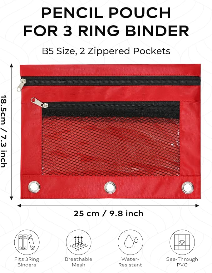 3 Ring Binder Pencil Pouch - Oxford Fabric Pencil Case with 2 Zippered Pockets, Clear Mesh Window Pencil Bag, B5 Size for Office & Travel Supplies (Red)