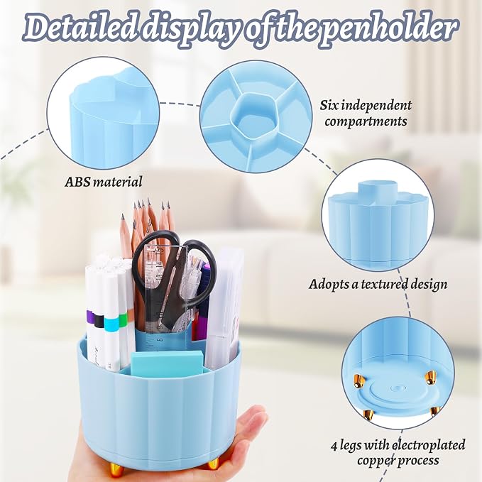 360 Degree Rotating Pen Holder for Desk, 6 Slots Desktop Organizer Caddy for Pens, Pencils, Markers, Multi-Functional Pencil Cup & Office Supplies Holder, Blue