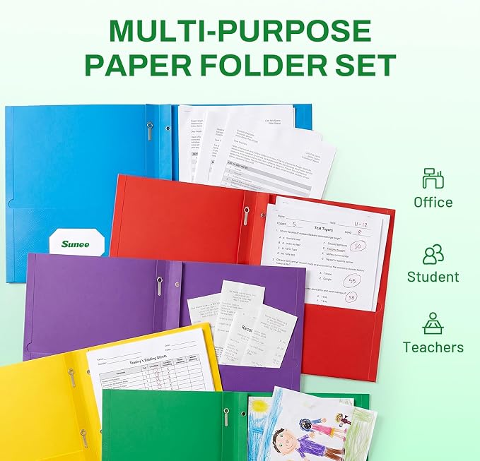 SUNEE 2 Pocket Folders with Prongs (25 Pack, Green), Paper Folders with 2 Pockets and 3 Prongs Fit Letter Size Paper, Folders with Prongs for School Office Home Business