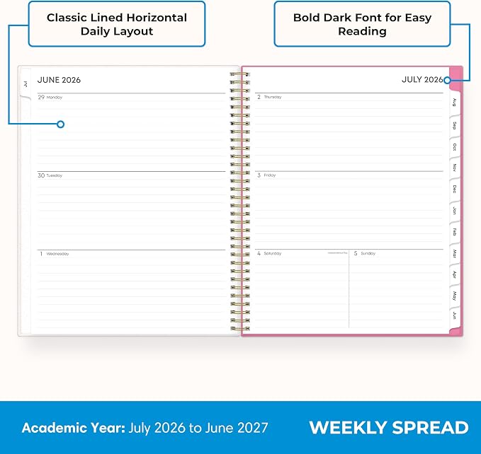 Blue Sky 2026-2027 Weekly & Monthly Academic Planner Calendar, 8.5"x11" | July 2026 - June 2027, Roosevelt Pink, Flexible Cover, Wirebound, Storage Pocket, Laminated Tabs, Academic Year