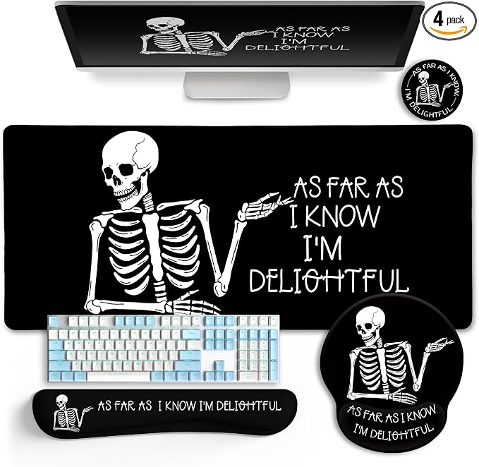 LIMKRIAN Ergonomic Mouse Pad with Wrist Rest Desk Mat Set, Skeleton Decor | Large Gaming Mouse Pads, Computer Keyboard Mat Wrist Support, Coaster, Funny Skull Office Desk Accessories Supplies