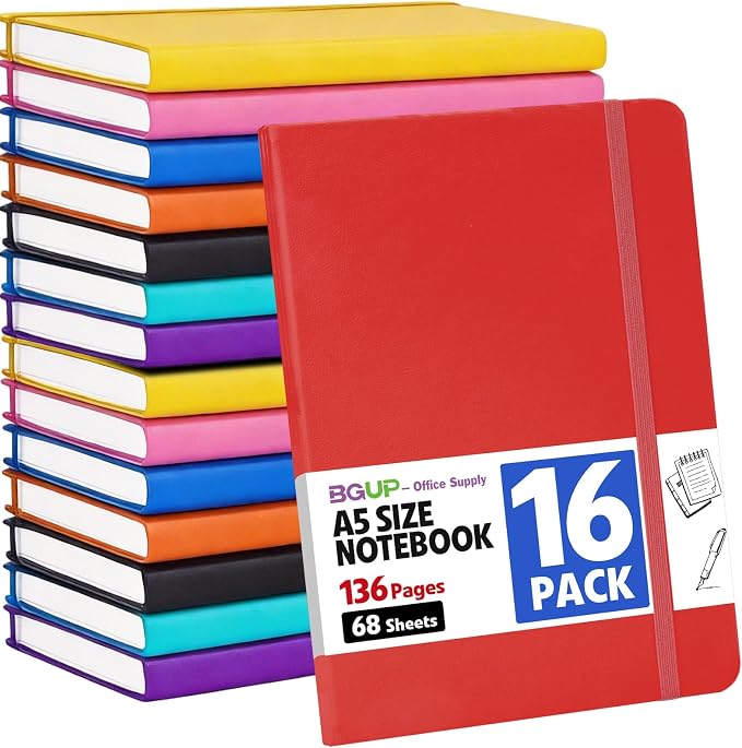 16 Pack Lined Journal Notebook for Work, 136 Pages, Medium 5.5" x 8.3", A5 College Ruled Notebook, 8 Colors, Hardcover Journaling Notebooks for Writing, Note Taking