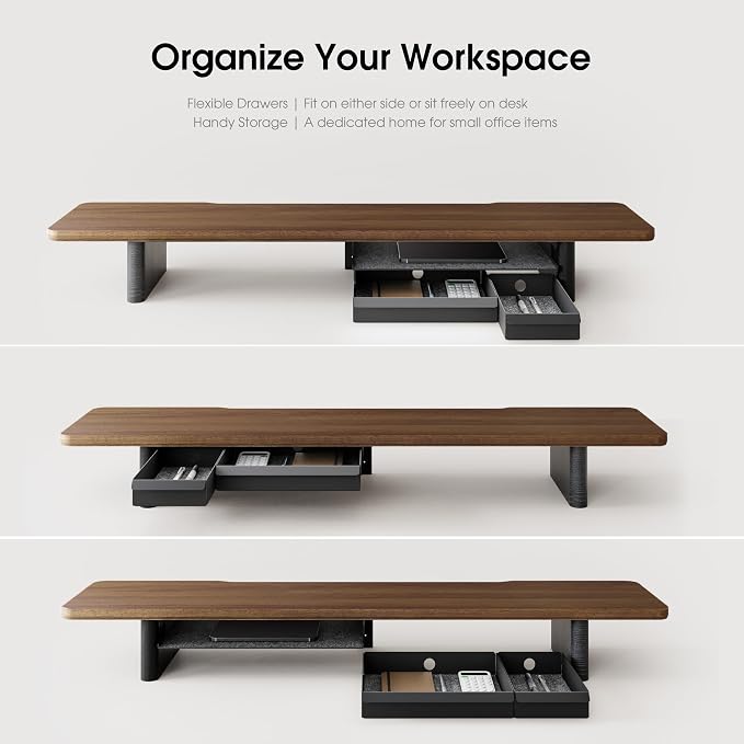 Fenge 42.5" Monitor Stand with Storage Drawers, Minimalist Monitor Riser with Solid Ash Legs and Cable Management, Wooden Desk Shelf for Home Office Workspaces, Brown