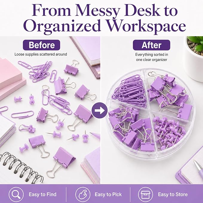 Purple Binder Clips and Paper Clips Push Pins Tacks Sets, Total 72 PCS Assorted Sizes Office Supplies Set for Women, Student, School, Home & Desk Supplies