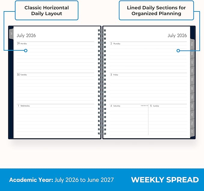 Blue Sky 2026-2027 Weekly & Monthly Academic Planner, 7"x9" Enterprise Navy | July 2026 - June 2027, Flexible Cover, Wirebound, Laminated Tabs, Academic Year