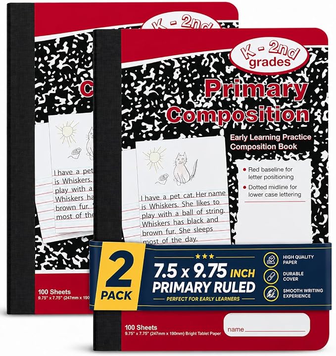 1InTheOffice Primary Composition Notebook K-2, Primary Journal, Kindergarten Notebook, 7.5" x 9.75", 100/Sheets, Red/Black Marble, 2 Pack