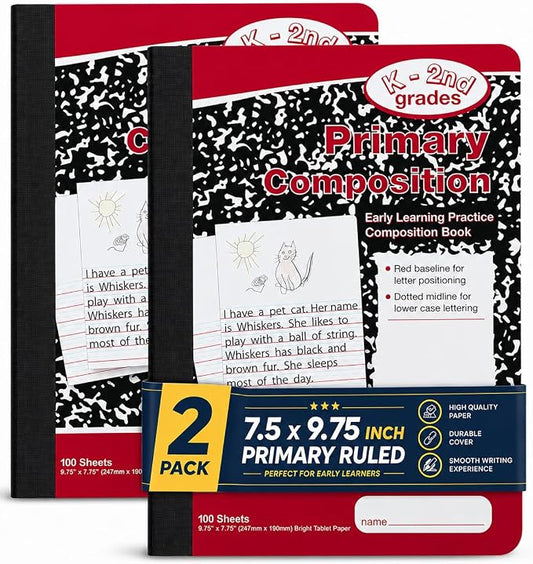 1InTheOffice Primary Composition Notebook K-2, Primary Journal, Kindergarten Notebook, 7.5" x 9.75", 100/Sheets, Red/Black Marble, 2 Pack