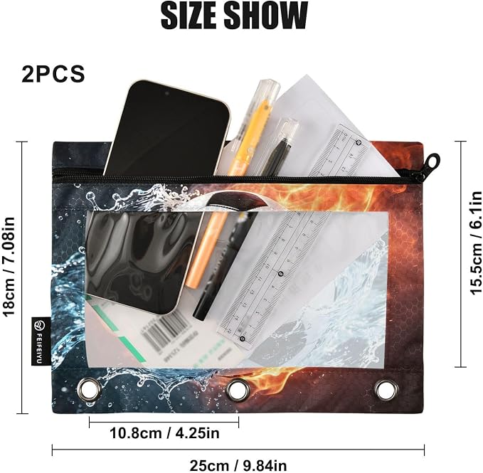 ALAZA Pencil Pouch for 3 Ring Binder, Fire Soccer Binder Pencil Pouches with Clear Window Zipper Pencil Case Cosmetic Bags for Office College Supplies, 2PCS