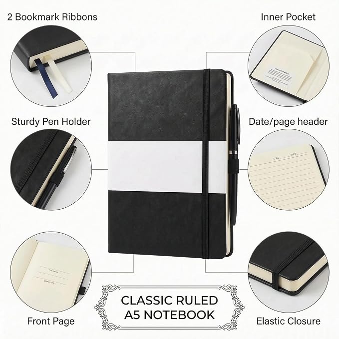 36 Pack Pu Leather Lined Journal Notebooks, A5 Executive Notebooks Bulk, 5.5 x 8.3 Inch Hardcover Notepad for Business Office School (black)