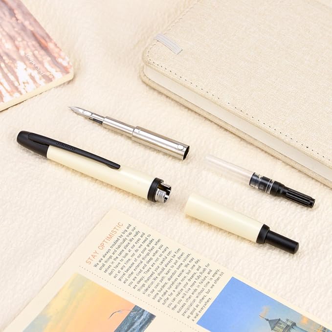 Jinhao 20 Press Fountain Pen, Ivory White Retractable Medium Nib with Ink Converter Set (Black Clip)