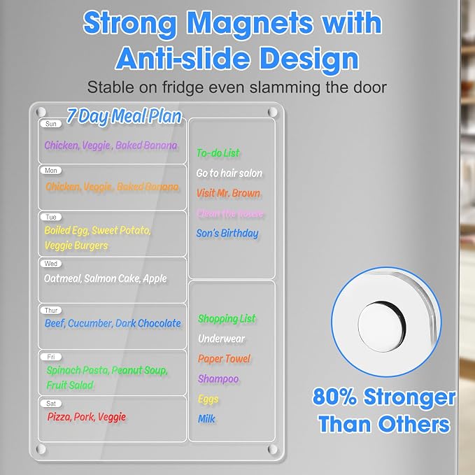 Acrylic Meal Planner Magnetic Menu Board for Kitchen Fridge w/Markers, Clear Weekly Calendar Planning Board Noteboard Refrigerator Dry Erase Board to Do/Grocery/Shopping List/Chore Chart, 12.8x9’’