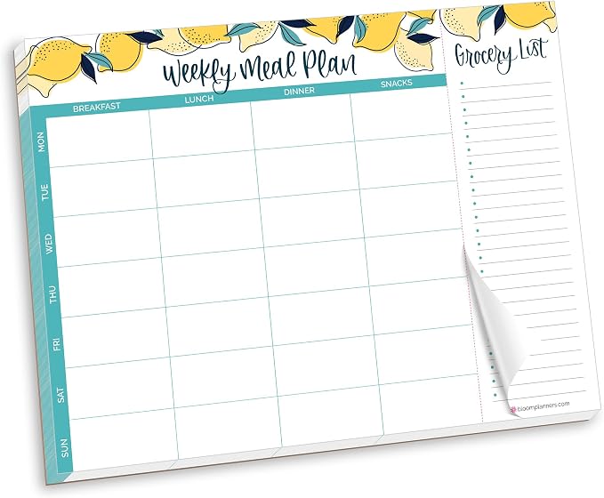 bloom daily planners Horizontal Weekly Magnetic Meal Planning Pad for Fridge with Tear-Off Grocery Shopping List - Hanging Food/Menu Organizer Notepad with Magnets - 8.5” x 11” - Lemons
