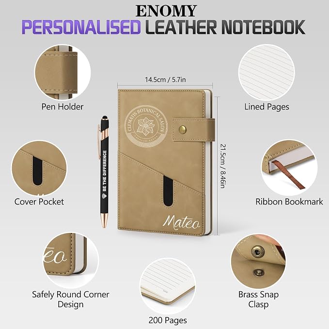 ENOMY Personalized Notebook & 10 PC Pens Set A5 Notebook with Ribbon Bookmark PU Leather Custom Notebook Cover for College Graduation Birthday Business Gifts, Gray