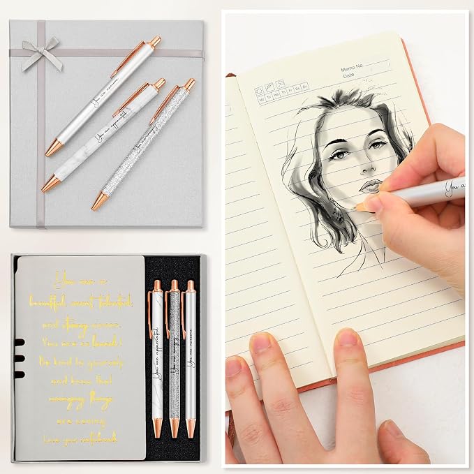 Resurhang 5 Pcs Inspirational Journal for Women Employee Appreciation Gift A6 Leather Journal Glitter Ballpoint Pen with Box for Back to School Teacher Coworker Female Secretary Nurse(Gray)
