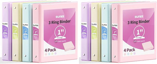 SUNEE 3 Ring Binder 1 Inch 8 Pack, Clear View 1" Binders Three Ring PVC-Free (Fit 8.5x11 Inches) for School or Office Supplies, Assorted Pastel
