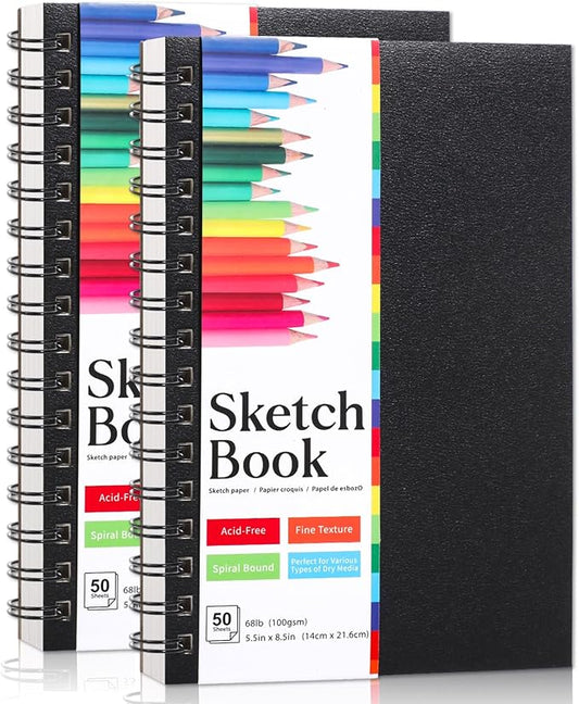 5.5" x 8.5" Small Sketch Book, 2 Pack Mini Sketchbook Drawing Pad, 68lb/100gsm Spiral Bound Sketch Book for Kids Students Beginner Artists Drawing Painting Sketching