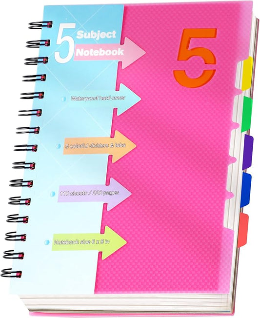 CAGIE 5 Subject Notebook, Small Spiral Notebook with Tabs | 6.1'' x 8.2'', A5 Spiral Notebooks College Ruled for Women, 240 Pages Note book for School Note Taking, Rose Pink